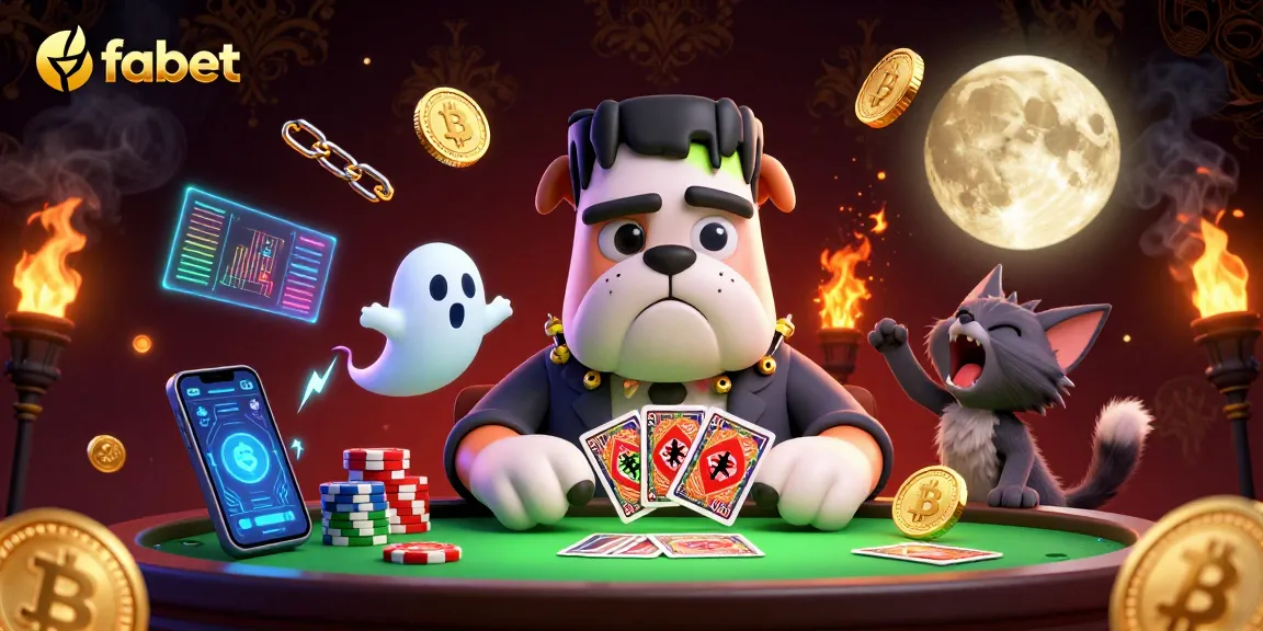 Play games with fabet, featuring a whimsical card-dealing bulldog in a crypto-themed casino.