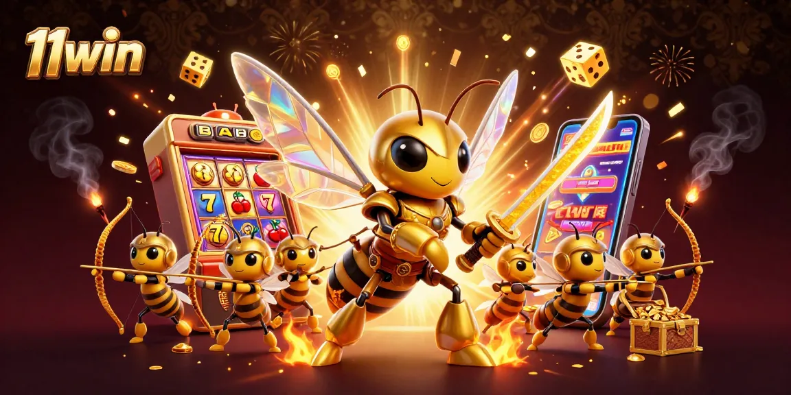 Engage with 11win's exciting slot machine action featuring golden hornet samurai and vibrant casino elements.