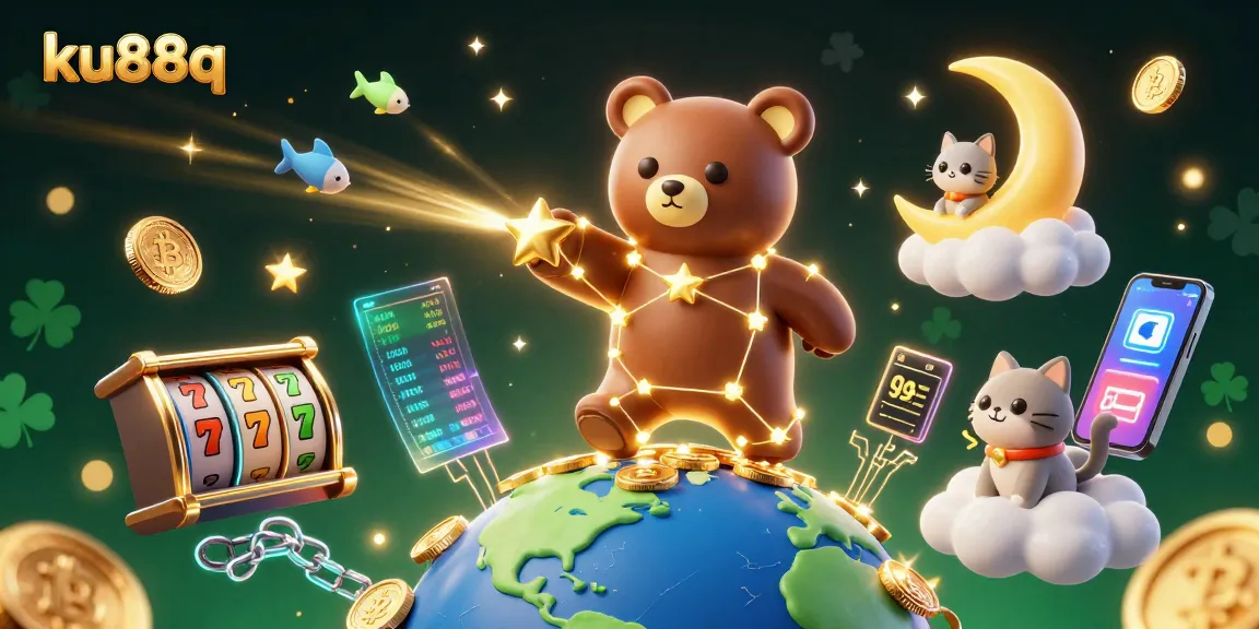 ku88q showcases a vibrant 3D scene with cosmic elements and crypto coins, energizing the digital casino experience.